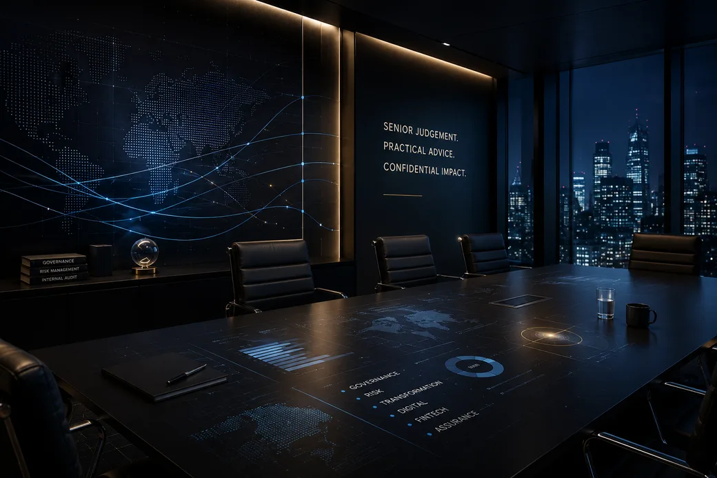 Modern executive boardroom at night with governance, risk, transformation, digital, fintech and assurance themes on the table.